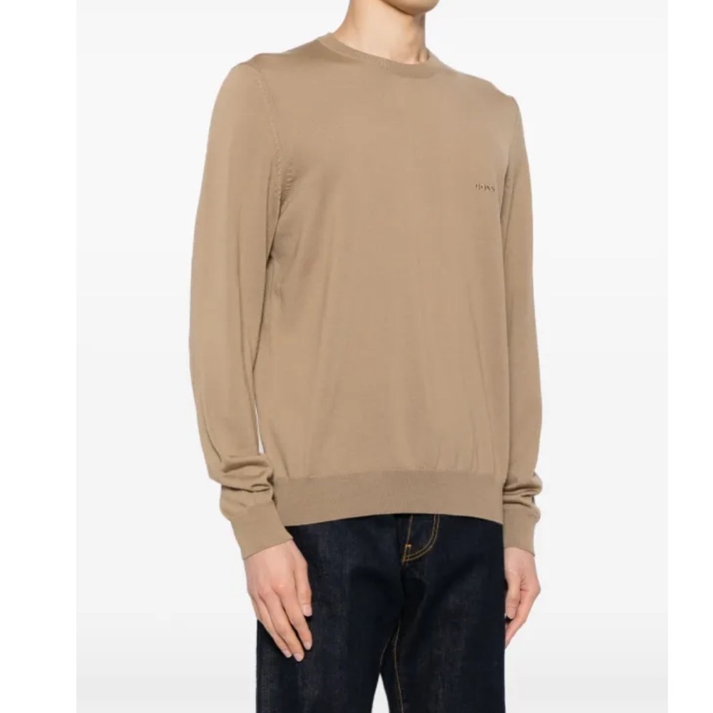 BOSS logo-embroidered  jumper Men's Tan Sweater virgin wool blend